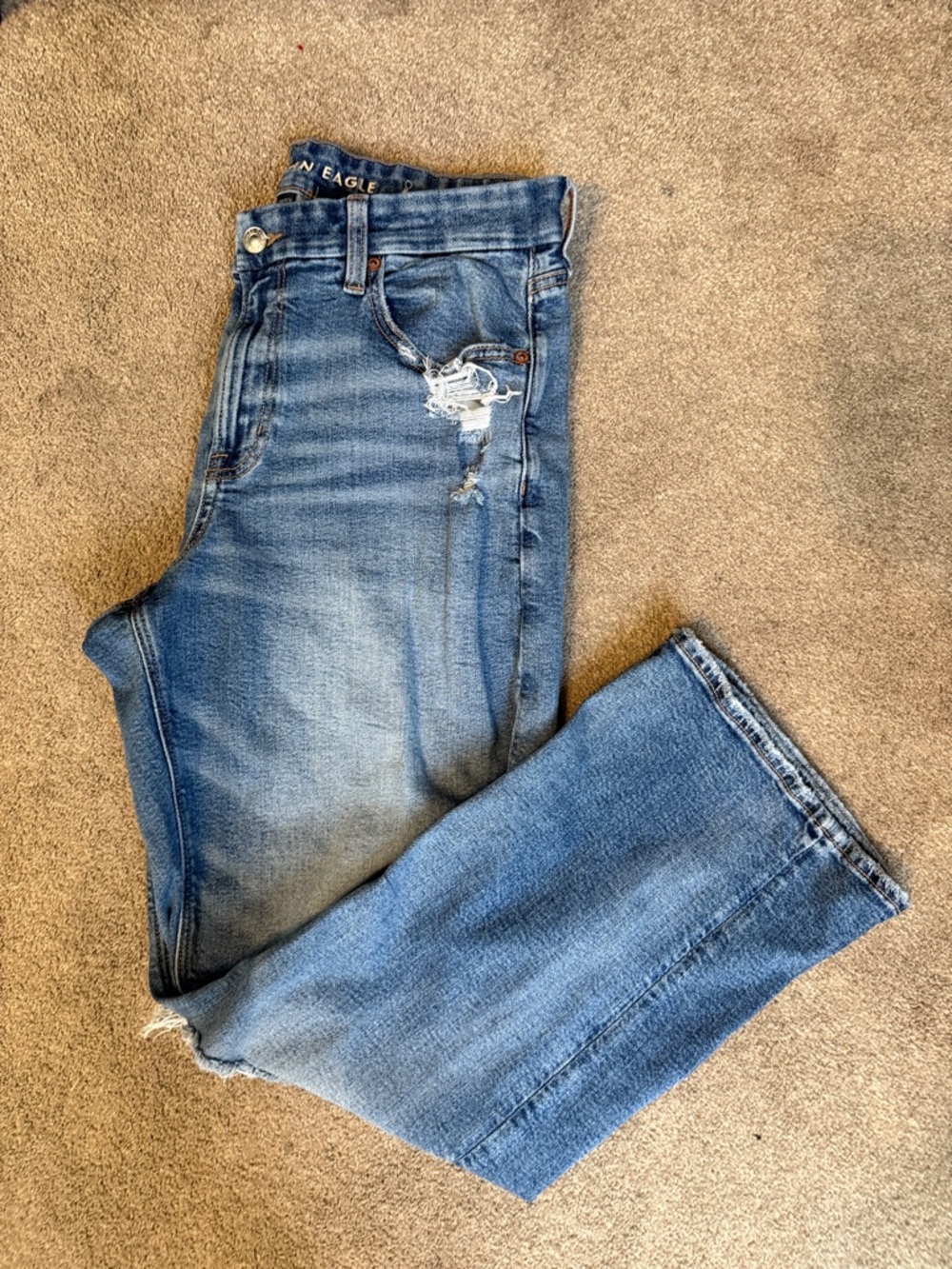American Eagle Medium Wash Distressed Curvy Straight Leg Jeans Size 14 Short